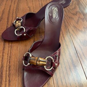 Gucci Burgundy Leather Slide Mules with Bamboo Horsebit